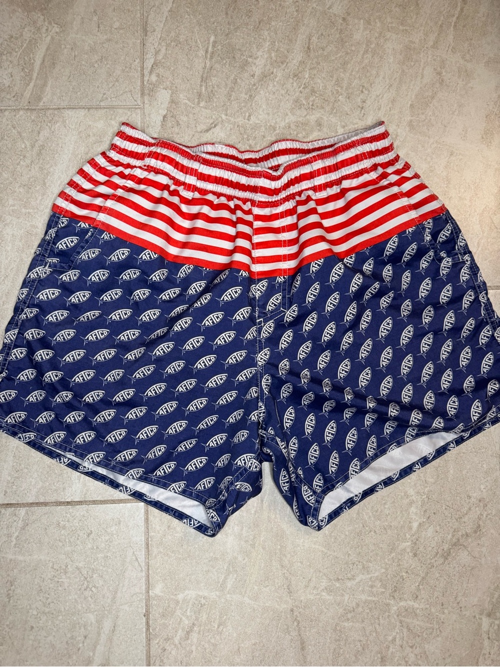 AFTCO Navy Blue Shorts with Red & White Striped Waistband